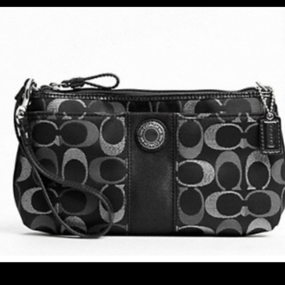 Coach signature stripe 3 color  metallic signature large logo wristlet black - Picture 1 of 8